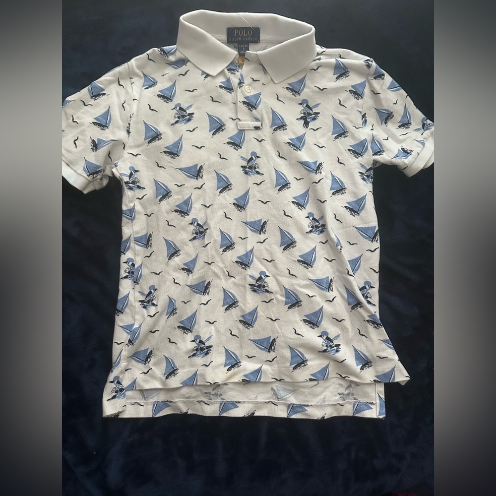 🌼SPRING READY POLO Ralph Lauren POLO BEAR SAILBOAT Themed Polo Shirt Boy L/14-16